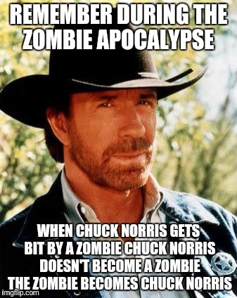 Chuck Norris Meme | REMEMBER DURING THE ZOMBIE APOCALYPSE; WHEN CHUCK NORRIS GETS BIT BY A ZOMBIE CHUCK NORRIS DOESN'T BECOME A ZOMBIE THE ZOMBIE BECOMES CHUCK NORRIS | image tagged in memes,chuck norris | made w/ Imgflip meme maker