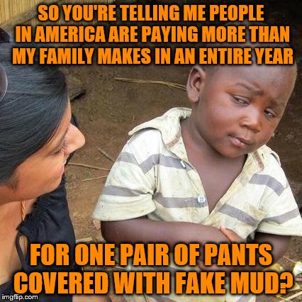 Third World Skeptical Kid | SO YOU'RE TELLING ME PEOPLE IN AMERICA ARE PAYING MORE THAN MY FAMILY MAKES IN AN ENTIRE YEAR; FOR ONE PAIR OF PANTS COVERED WITH FAKE MUD? | image tagged in memes,third world skeptical kid | made w/ Imgflip meme maker