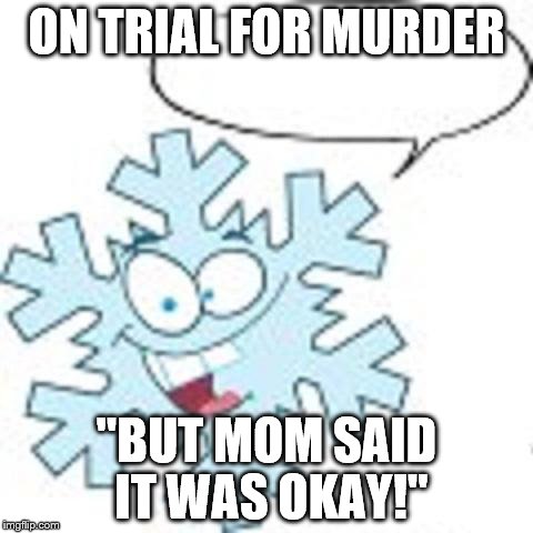 Snowflake | ON TRIAL FOR MURDER; "BUT MOM SAID IT WAS OKAY!" | image tagged in snowflake | made w/ Imgflip meme maker
