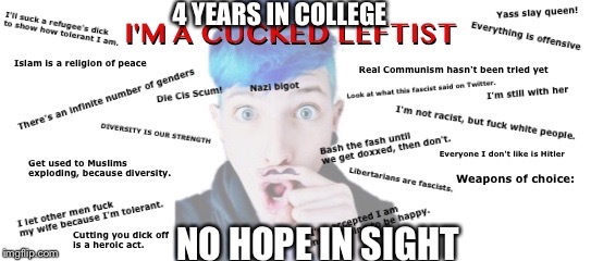 4 YEARS IN COLLEGE; NO HOPE IN SIGHT | image tagged in liberal cuck | made w/ Imgflip meme maker