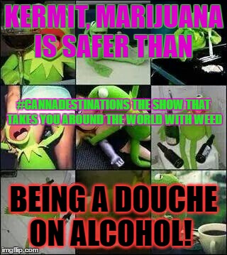 "KERMIT, MARIJUANA IS SAFER THAN BEING A DOUCHE ON ALCOHOL" | KERMIT, MARIJUANA IS SAFER THAN; #CANNADESTINATIONS THE SHOW THAT TAKES YOU AROUND THE WORLD WITH WEED; BEING A DOUCHE ON ALCOHOL! | image tagged in "kermit marijuana is safer than being a douche on alcohol" | made w/ Imgflip meme maker