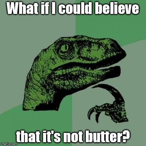 Which is marginally better? | What if I could believe; that it's not butter? | image tagged in memes,philosoraptor | made w/ Imgflip meme maker