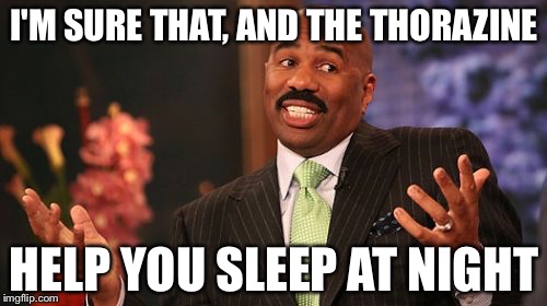 Steve Harvey Meme | I'M SURE THAT, AND THE THORAZINE HELP YOU SLEEP AT NIGHT | image tagged in memes,steve harvey | made w/ Imgflip meme maker