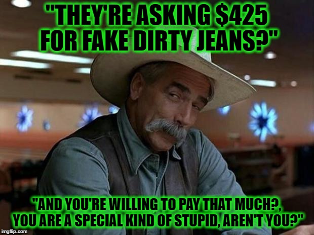 special kind of stupid | "THEY'RE ASKING $425 FOR FAKE DIRTY JEANS?"; "AND YOU'RE WILLING TO PAY THAT MUCH?, YOU ARE A SPECIAL KIND OF STUPID, AREN'T YOU?" | image tagged in special kind of stupid | made w/ Imgflip meme maker