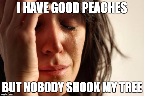 First World Problems Meme | I HAVE GOOD PEACHES BUT NOBODY SHOOK MY TREE | image tagged in memes,first world problems | made w/ Imgflip meme maker
