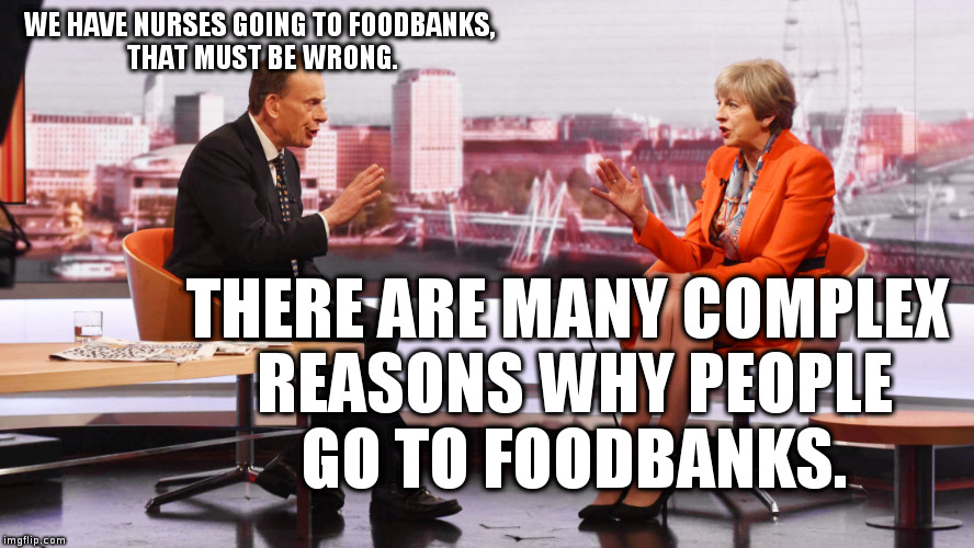 WE HAVE NURSES GOING TO FOODBANKS, THAT MUST BE WRONG. THERE ARE MANY COMPLEX REASONS WHY PEOPLE GO TO FOODBANKS. | made w/ Imgflip meme maker