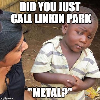 Linkin Park =/= metal | DID YOU JUST CALL LINKIN PARK; "METAL?" | image tagged in memes,third world skeptical kid,linkin park | made w/ Imgflip meme maker