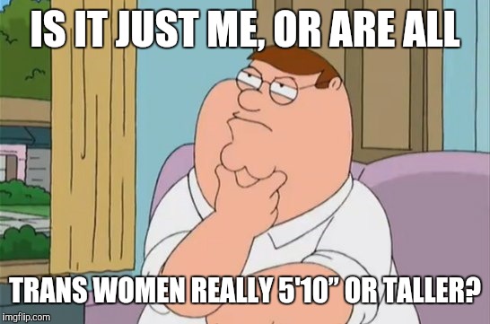 peter griffin thinking | IS IT JUST ME, OR ARE ALL; TRANS WOMEN REALLY 5'10” OR TALLER? | image tagged in peter griffin thinking,memes,transgender | made w/ Imgflip meme maker