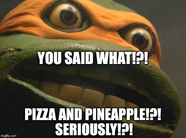 Battlefield turtle | YOU SAID WHAT!?! PIZZA AND PINEAPPLE!?! SERIOUSLY!?! | image tagged in teenage mutant ninja turtles | made w/ Imgflip meme maker