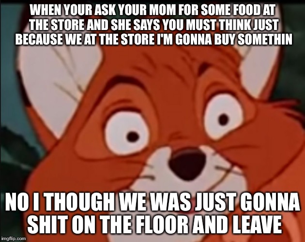 Sarcasm Fox | WHEN YOUR ASK YOUR MOM FOR SOME FOOD AT THE STORE AND SHE SAYS YOU MUST THINK JUST BECAUSE WE AT THE STORE I'M GONNA BUY SOMETHIN; NO I THOUGH WE WAS JUST GONNA SHIT ON THE FLOOR AND LEAVE | image tagged in sarcasm fox | made w/ Imgflip meme maker
