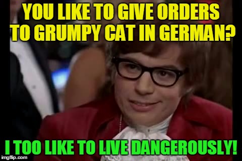 YOU LIKE TO GIVE ORDERS TO GRUMPY CAT IN GERMAN? I TOO LIKE TO LIVE DANGEROUSLY! | made w/ Imgflip meme maker