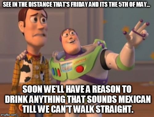 X, X Everywhere Meme | SEE IN THE DISTANCE THAT'S FRIDAY AND ITS THE 5TH OF MAY... SOON WE'LL HAVE A REASON TO DRINK ANYTHING THAT SOUNDS MEXICAN TILL WE CAN'T WALK STRAIGHT. | image tagged in memes,x x everywhere | made w/ Imgflip meme maker