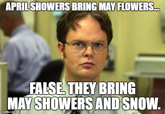 Dwight Schrute Meme | APRIL SHOWERS BRING MAY FLOWERS... FALSE. THEY BRING MAY SHOWERS AND SNOW. | image tagged in memes,dwight schrute | made w/ Imgflip meme maker