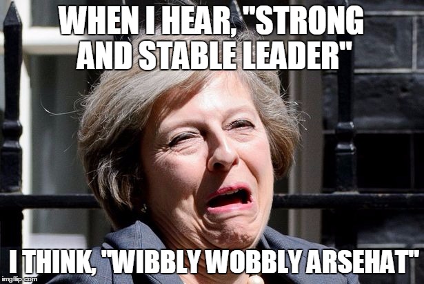 Theresa may | WHEN I HEAR, "STRONG AND STABLE LEADER"; I THINK, "WIBBLY WOBBLY ARSEHAT" | image tagged in theresa may | made w/ Imgflip meme maker