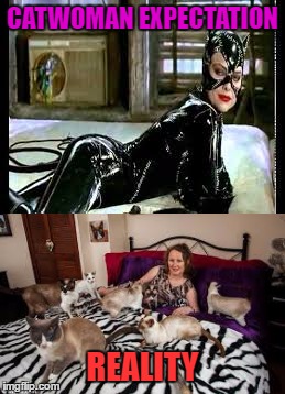 Comic Book Character week:  A Swiggys-back event |  CATWOMAN EXPECTATION; REALITY | image tagged in catwoman,crazy cat lady,superhero week | made w/ Imgflip meme maker
