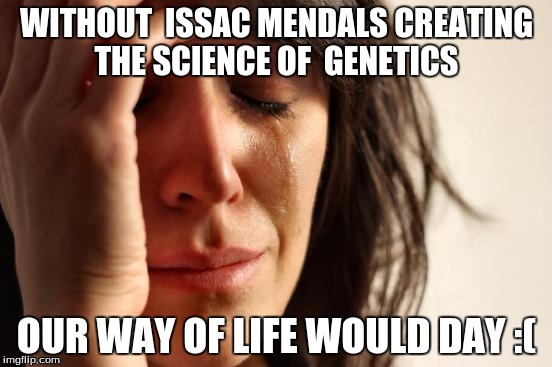 First World Problems Meme | WITHOUT  ISSAC MENDALS CREATING THE SCIENCE OF  GENETICS; OUR WAY OF LIFE WOULD DAY :( | image tagged in memes,first world problems | made w/ Imgflip meme maker