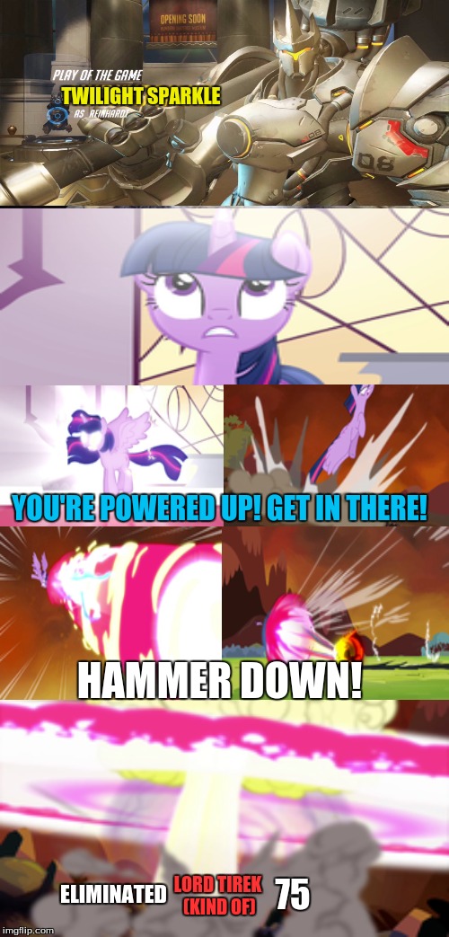 Bad Pun Dog Meme | TWILIGHT SPARKLE; YOU'RE POWERED UP! GET IN THERE! HAMMER DOWN! ELIMINATED; LORD TIREK (KIND OF); 75 | image tagged in memes,bad pun dog | made w/ Imgflip meme maker