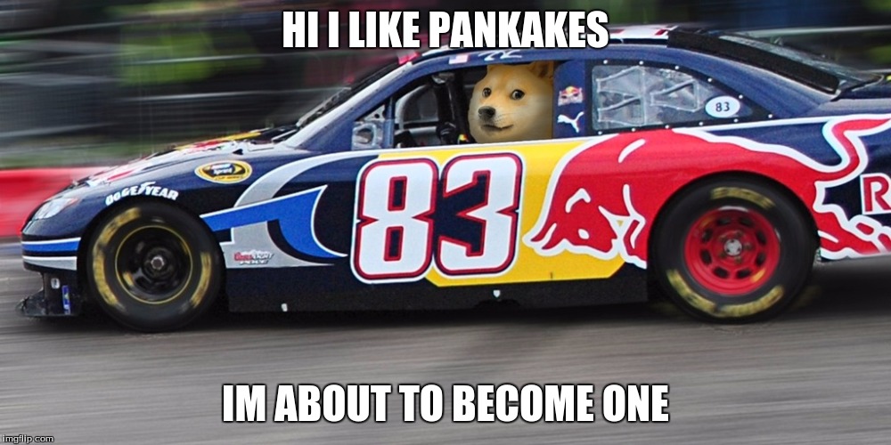 Race car doge  | HI I LIKE PANKAKES; IM ABOUT TO BECOME ONE | image tagged in race car doge | made w/ Imgflip meme maker