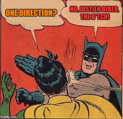 Batman Slapping Robin Meme | ONE DIRECTION? NO, JUSTIEN BIBER, THE B*TCH! | image tagged in memes,batman slapping robin | made w/ Imgflip meme maker