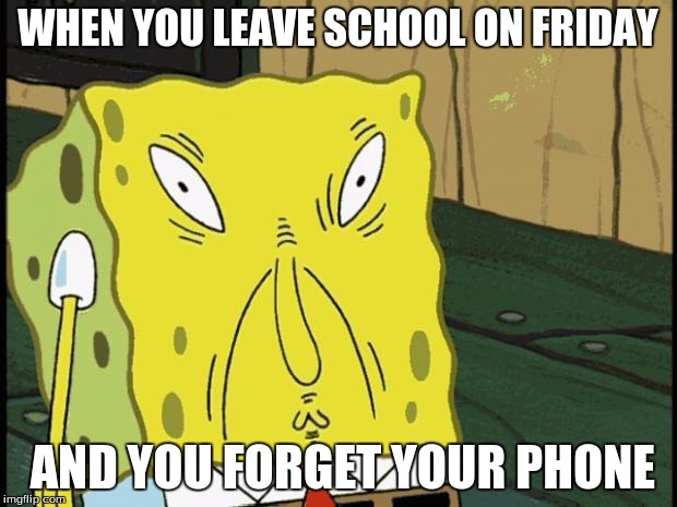 Spongebob funny face | WHEN YOU LEAVE SCHOOL ON FRIDAY; AND YOU FORGET YOUR PHONE | image tagged in spongebob funny face | made w/ Imgflip meme maker
