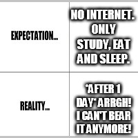 Expectation vs Reality | NO INTERNET. ONLY STUDY, EAT AND SLEEP. *AFTER 1 DAY* ARRGH! I CAN'T BEAR IT ANYMORE! | image tagged in expectation vs reality | made w/ Imgflip meme maker