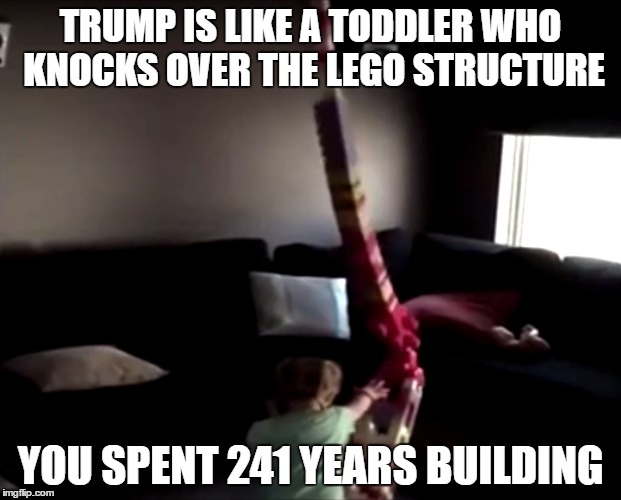 What happens when you elect a man-baby to be president? | TRUMP IS LIKE A TODDLER WHO KNOCKS OVER THE LEGO STRUCTURE; YOU SPENT 241 YEARS BUILDING | image tagged in trump,legos,usa,angry toddler | made w/ Imgflip meme maker
