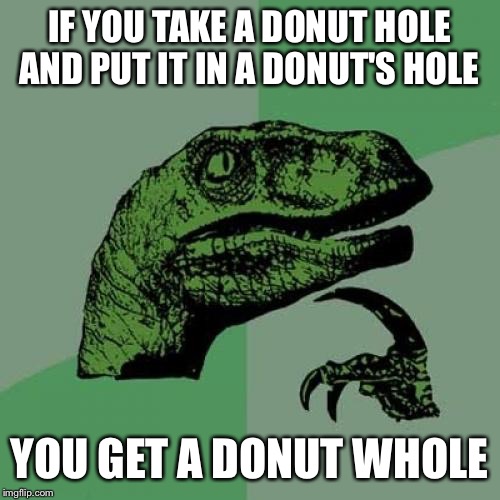 Philosoraptor | IF YOU TAKE A DONUT HOLE AND PUT IT IN A DONUT'S HOLE; YOU GET A DONUT WHOLE | image tagged in memes,philosoraptor | made w/ Imgflip meme maker