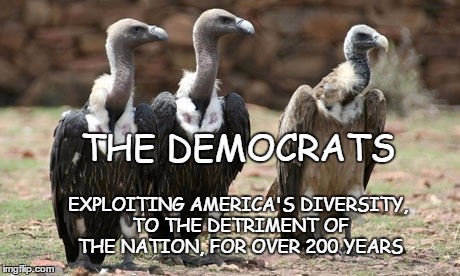 The Democrats | THE DEMOCRATS; EXPLOITING AMERICA'S DIVERSITY, TO THE DETRIMENT OF THE NATION, FOR OVER 200 YEARS | image tagged in vulture politicians,political exploitation | made w/ Imgflip meme maker