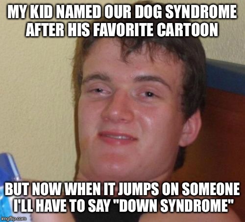 A special name for a special dog | MY KID NAMED OUR DOG SYNDROME AFTER HIS FAVORITE CARTOON; BUT NOW WHEN IT JUMPS ON SOMEONE I'LL HAVE TO SAY "DOWN SYNDROME" | image tagged in memes,10 guy,funny | made w/ Imgflip meme maker