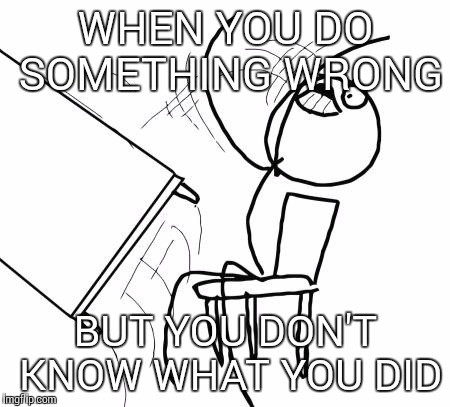 Table Flip Guy Meme | WHEN YOU DO SOMETHING WRONG; BUT YOU DON'T KNOW WHAT YOU DID | image tagged in memes,table flip guy | made w/ Imgflip meme maker