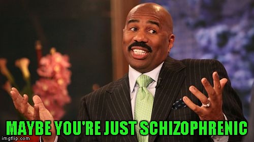 MAYBE YOU'RE JUST SCHIZOPHRENIC | image tagged in memes,steve harvey | made w/ Imgflip meme maker