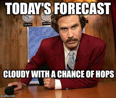 ron burgundy | TODAY'S FORECAST; CLOUDY WITH A CHANCE OF HOPS | image tagged in ron burgundy | made w/ Imgflip meme maker