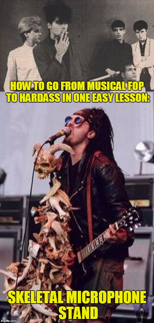 and sing about Jesus building your hot rod (a little late for rock week, I know) | HOW TO GO FROM MUSICAL FOP TO HARDASS IN ONE EASY LESSON:; SKELETAL MICROPHONE STAND | image tagged in memes,rock week,rock music,rock and roll,rock stars | made w/ Imgflip meme maker