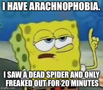 I'll Have You Know Spongebob | I HAVE ARACHNOPHOBIA. I SAW A DEAD SPIDER AND ONLY FREAKED OUT FOR 20 MINUTES | image tagged in memes,ill have you know spongebob | made w/ Imgflip meme maker