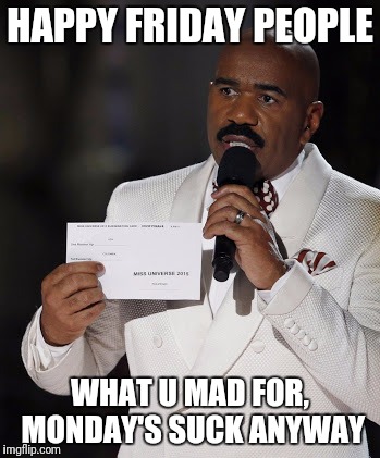Steve Harvey | HAPPY FRIDAY PEOPLE; WHAT U MAD FOR, MONDAY'S SUCK ANYWAY | image tagged in steve harvey | made w/ Imgflip meme maker