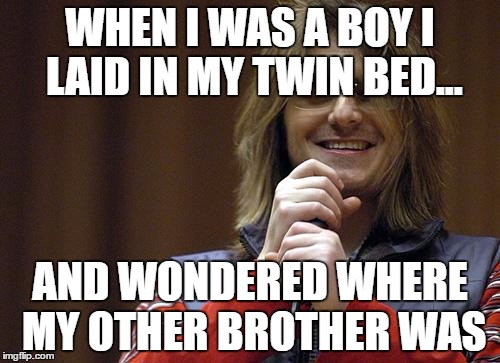 Mitch Hedberg | WHEN I WAS A BOY I LAID IN MY TWIN BED... AND WONDERED WHERE MY OTHER BROTHER WAS | image tagged in mitch hedberg | made w/ Imgflip meme maker