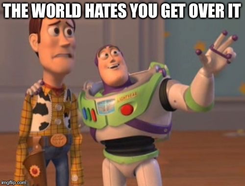 X, X Everywhere | THE WORLD HATES YOU GET OVER IT | image tagged in memes,x x everywhere | made w/ Imgflip meme maker