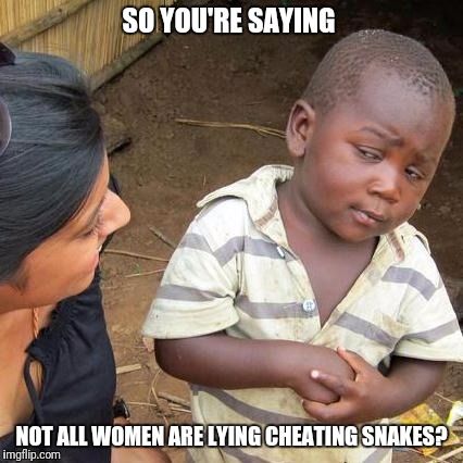 Third World Skeptical Kid Meme | SO YOU'RE SAYING; NOT ALL WOMEN ARE LYING CHEATING SNAKES? | image tagged in memes,third world skeptical kid,cheaters | made w/ Imgflip meme maker