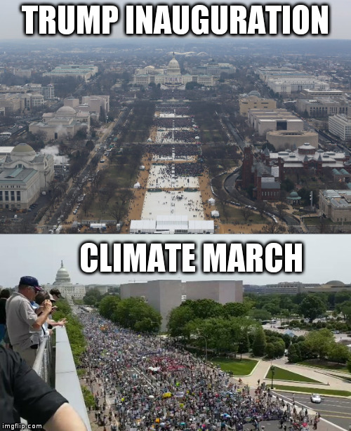 A lot people seem to care about  climate change | TRUMP INAUGURATION; CLIMATE MARCH | image tagged in trump,climate change,humor,environment,crowd size | made w/ Imgflip meme maker