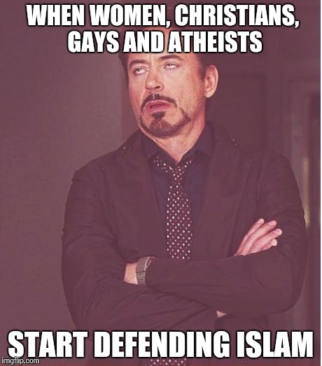 Face You Make Robert Downey Jr | WHEN WOMEN, CHRISTIANS, GAYS AND ATHEISTS; START DEFENDING ISLAM | image tagged in memes,face you make robert downey jr | made w/ Imgflip meme maker