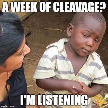 A WEEK OF CLEAVAGE? I'M LISTENING | image tagged in memes,third world skeptical kid | made w/ Imgflip meme maker