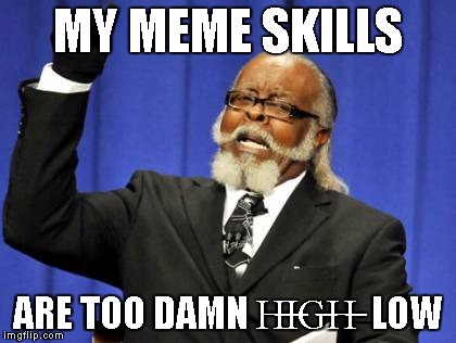 Too Damn High | MY MEME SKILLS; ARE TOO DAMN H̶I̶G̶H̶  LOW | image tagged in memes,too damn high | made w/ Imgflip meme maker