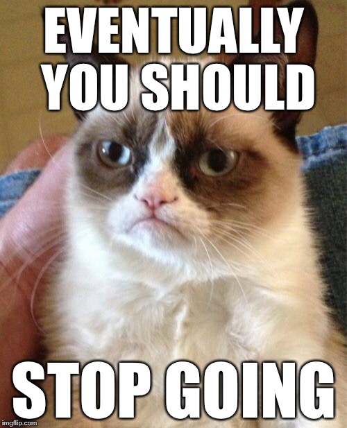 Grumpy Cat Meme | EVENTUALLY YOU SHOULD STOP GOING | image tagged in memes,grumpy cat | made w/ Imgflip meme maker