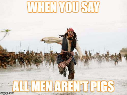 Feminism at it's finest | WHEN YOU SAY; ALL MEN AREN'T PIGS | image tagged in memes,jack sparrow being chased | made w/ Imgflip meme maker