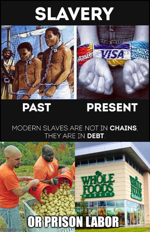 Modern Slavery | OR PRISON LABOR | image tagged in debt,prison,labor,whole foods | made w/ Imgflip meme maker