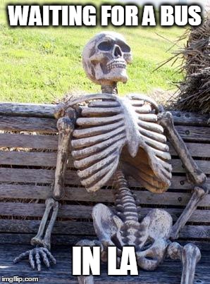 Waiting Skeleton | WAITING FOR A BUS; IN LA | image tagged in memes,waiting skeleton | made w/ Imgflip meme maker