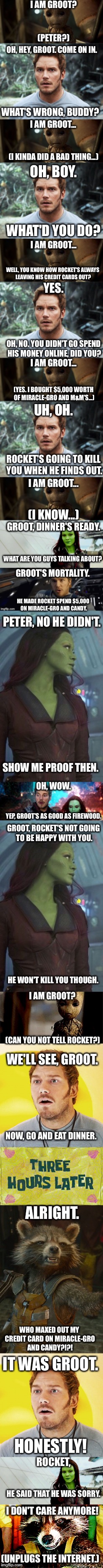 Groot's Internet Adventures  | I AM GROOT? (PETER?); OH, HEY, GROOT. COME ON IN. WHAT'S WRONG, BUDDY? I AM GROOT... (I KINDA DID A BAD THING...); OH, BOY. WHAT'D YOU DO? I AM GROOT... WELL, YOU KNOW HOW ROCKET'S ALWAYS LEAVING HIS CREDIT CARDS OUT? YES. OH, NO. YOU DIDN'T GO SPEND HIS MONEY ONLINE, DID YOU? I AM GROOT... (YES. I BOUGHT $5,000 WORTH OF MIRACLE-GRO AND M&M'S...); UH, OH. ROCKET'S GOING TO KILL YOU WHEN HE FINDS OUT. I AM GROOT... (I KNOW...); GROOT, DINNER'S READY. WHAT ARE YOU GUYS TALKING ABOUT? GROOT'S MORTALITY. HE MADE ROCKET SPEND $5,000 ON MIRACLE-GRO AND CANDY. PETER, NO HE DIDN'T. SHOW ME PROOF THEN. OH, WOW. YEP, GROOT'S AS GOOD AS FIREWOOD. GROOT, ROCKET'S NOT GOING TO BE HAPPY WITH YOU. HE WON'T KILL YOU THOUGH. I AM GROOT? (CAN YOU NOT TELL ROCKET?); WE'LL SEE, GROOT. NOW, GO AND EAT DINNER. ALRIGHT. WHO MAXED OUT MY CREDIT CARD ON MIRACLE-GRO AND CANDY?!?! IT WAS GROOT. HONESTLY! ROCKET, HE SAID THAT HE WAS SORRY. I DON'T CARE ANYMORE! (UNPLUGS THE INTERNET.) | image tagged in groot,rocket,gamora,starlord,memes | made w/ Imgflip meme maker