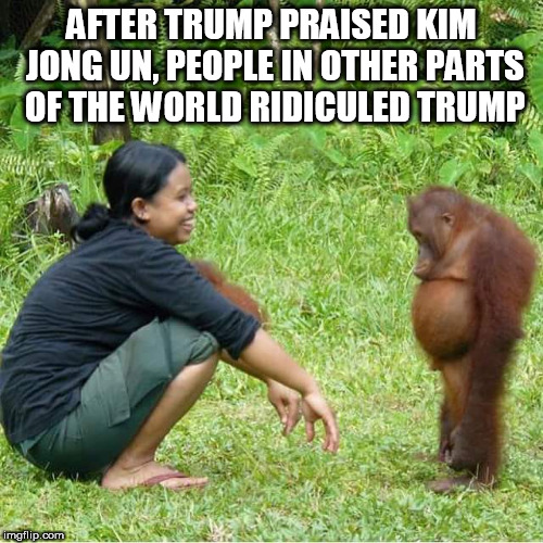 AFTER TRUMP PRAISED KIM JONG UN, PEOPLE IN OTHER PARTS OF THE WORLD RIDICULED TRUMP | image tagged in fucktrump,eviltrump,kim jong un,trump vs kim jong un,clown car republicans,don the con | made w/ Imgflip meme maker