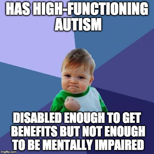 Thanks, brain! | HAS HIGH-FUNCTIONING AUTISM; DISABLED ENOUGH TO GET BENEFITS BUT NOT ENOUGH TO BE MENTALLY IMPAIRED | image tagged in memes,success kid,autism | made w/ Imgflip meme maker