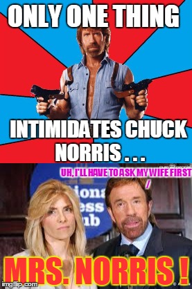 FEARS NO MAN . . . | ONLY ONE THING; INTIMIDATES CHUCK NORRIS . . . UH, I'LL HAVE TO ASK MY WIFE FIRST                                /; MRS. NORRIS ! | image tagged in funny memes,memes,chuck norris | made w/ Imgflip meme maker
